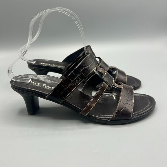 Paul Green Sandals Heel Brown Croc Leather Open Toe Slip On Shoes Size 6.5 - Picture 1 of 11